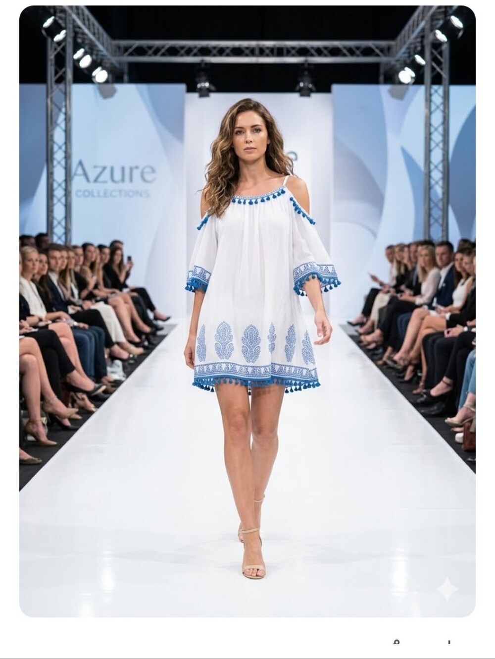 Shiraleah White.Dress with Blue Trim and Pom-Poms